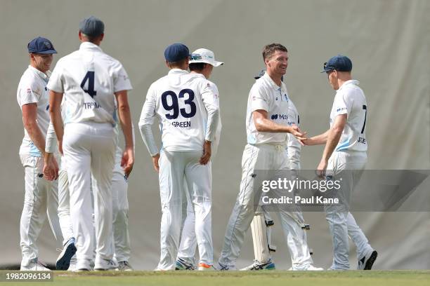 Jackson Bird of New South Wales celebrates the wicket of Sam Fanning of Western Australia during the Sheffield Shield match between Western Australia...