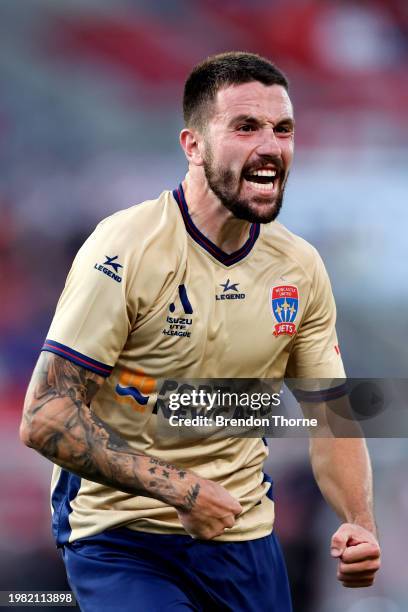 Apostolos Stamatelopoulos of the Jets celebrates scoring a goal during the A-League Men round 15 match between Newcastle Jets and Melbourne Victory...