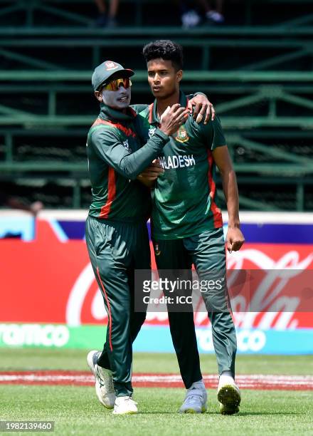 Rohanat Doullah Borson of Bangladesh celebrates after taking the wicket of Azan Awais of Pakistan during the ICC U19 Men's Cricket World Cup South...