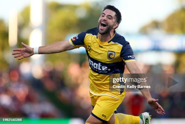 Christian Theoharous of the Mariners celebrates a goal during the A-League Men round 15 match between Adelaide United and Central Coast Mariners at...