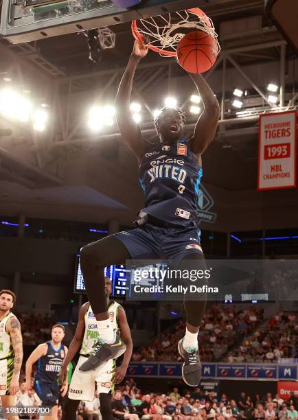 Jo Lual-Acuil Jr of United dunks during the round 18 NBL match between Melbourne United and South East Melbourne Phoenix at John Cain Arena, on...