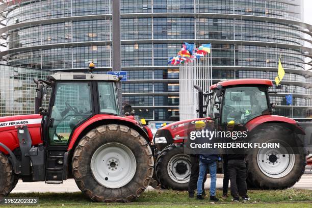 Farmers with their tractors demonstrate against new genomic techniques as part of a wave of protest accross Europe against green reforms, outside the...