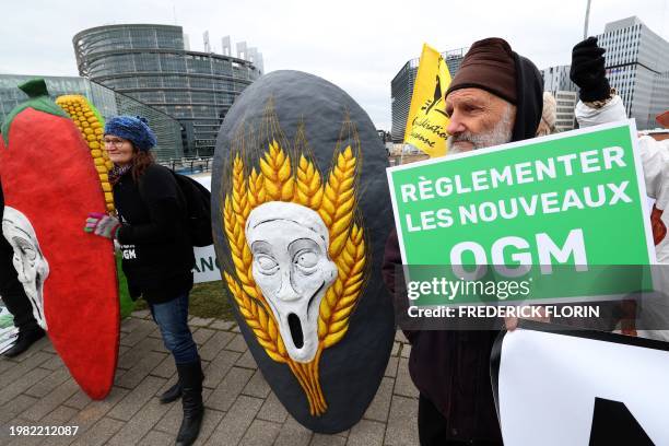 Protester holds a placard reading "regulate new GMOs" during a demonstration against new genomic techniques as part of a wave of protest accross...