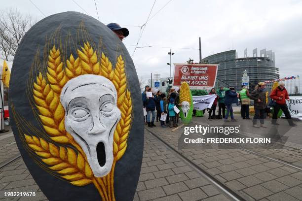 Protesters hold placards during a demonstration against new genomic techniques as part of a wave of protest accross Europe against green reforms,...