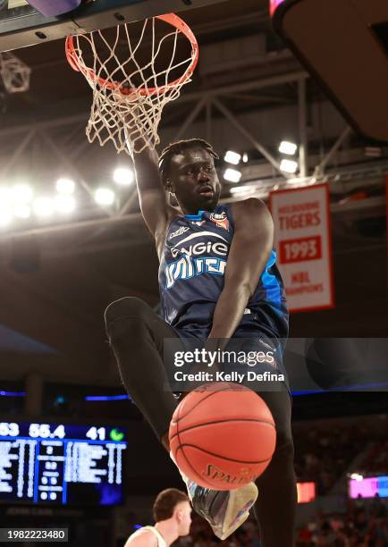 Jo Lual-Acuil Jr of United dunks during the round 18 NBL match between Melbourne United and South East Melbourne Phoenix at John Cain Arena, on...