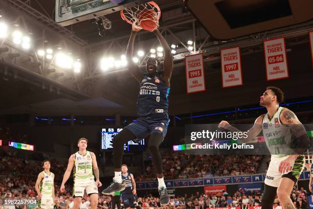 Jo Lual-Acuil Jr of United dunks during the round 18 NBL match between Melbourne United and South East Melbourne Phoenix at John Cain Arena, on...