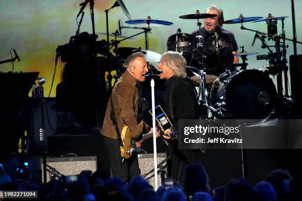 Bruce Springsteen and Jon Bon Jovi perform onstage at the 2024 MusiCares Person Of The Year Honoring Jon Bon Jovi at Los Angeles Convention Center on...