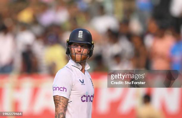 Ben Stokes of England makes their way off after being dismissed during day two of the 2nd Test Match between India and England at ACA-VDCA Stadium on...