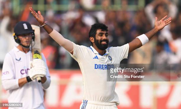 Jasprit Bumrah of India celebrates the wicket of Ben Stokes of England during day two of the 2nd Test Match between India and England at ACA-VDCA...