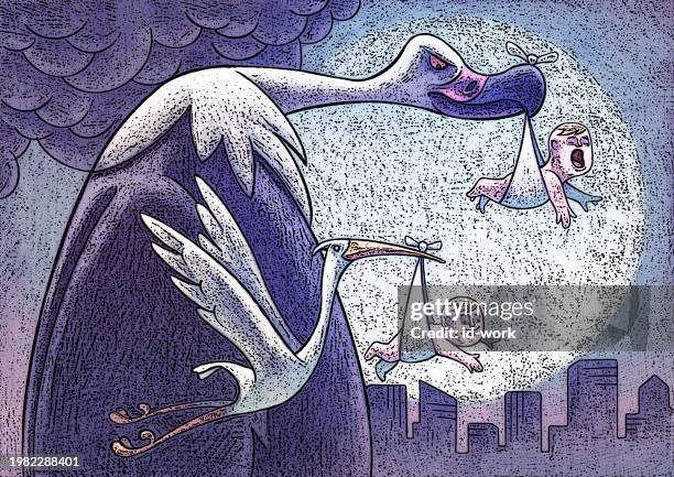 vulture and stork delivering babies at night - carrying in mouth stock illustrations