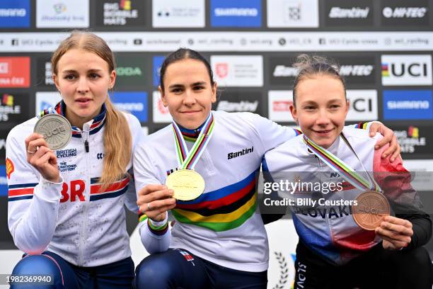 Silver medalist Cat Ferguson of The United Kingdom, gold medalist Celia Gery of France, and bronze medalist Viktoria Chladonova of Slovakia, pose on...