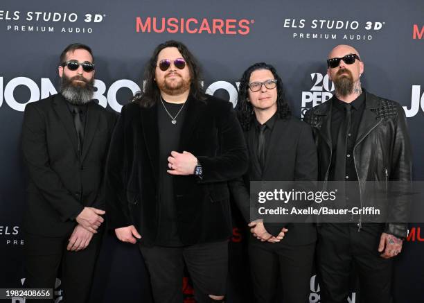 Wolfgang Van Halen, Jon Jourdan, Garrett Whitlock, and Ronnie Ficarro of Mammoth WVH attend the 2024 MusiCares Person of the Year Honoring Jon Bon...