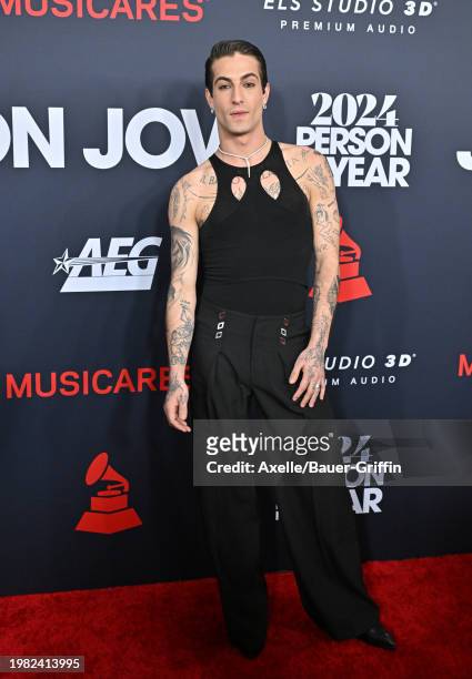 Damiano David of Måneskin attends the 2024 MusiCares Person of the Year Honoring Jon Bon Jovi at Los Angeles Convention Center on February 02, 2024...