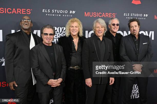 Everett Bradley, Tico Torres, David Bryan, Jon Bon Jovi, Hugh McDonald and John Shanks of Bon Jovi attend the 2024 MusiCares Person of the Year...