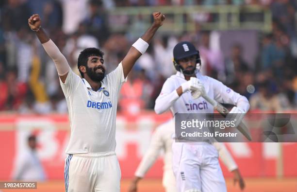 India bowler Jasprit Bumrah celebrates after taking the wicket of James Anderson, his 6th of the innings during day two of the 2nd Test Match between...