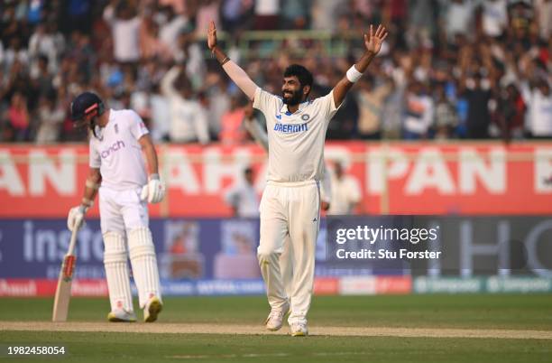 India bowler Jasprit Bumrah celebrates after taking the wicket of Tom Hartley, his 5th of the innings during day two of the 2nd Test Match between...