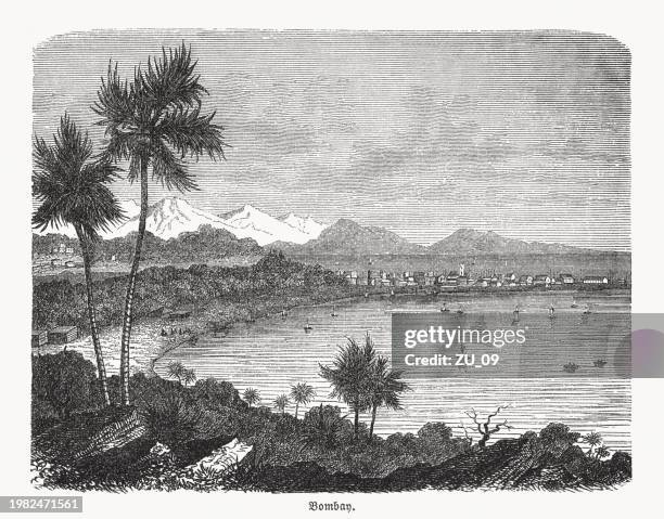 historical view of bombay (mumbai), india, wood engraving, published 1869 - mumbai aerial view stock illustrations