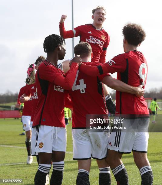 Jack Kingdon of Manchester United U18s celebrates scoring their first goal during the U18 Premier League match between Manchester United U18s and...