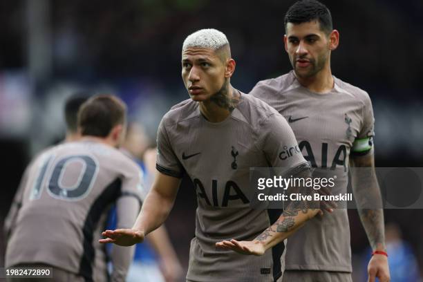 Richarlison of Tottenham Hotspur celebrates scoring his team's first goal during the Premier League match between Everton FC and Tottenham Hotspur at...