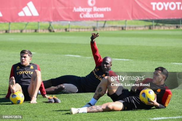 Roma players Paulo Dybala, Romelu Lukaku and Leandro Paredes afte training session at Centro Sportivo Fulvio Bernardini on February 03, 2024 in Rome,...