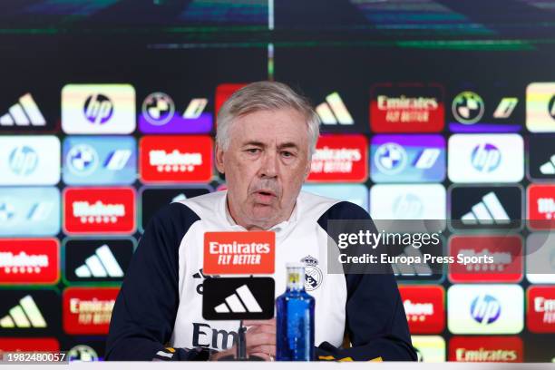 Carlo Ancelotti, head coach of Real Madrid, attends his press conference during the training day of Real Madrid before the LaLiga EA Sports football...