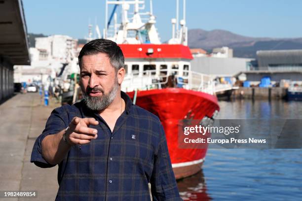 The leader of VOX, Santiago Abascal, visits the port of Ribeira, February 3 in Ribeira, A Coruña, Galicia, Spain. The leader of VOX has spent a day...