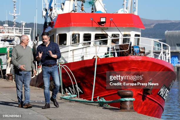 Candidate in A Coruña, Manuel Fuentes , and VOX leader, Santiago Abascal , visit the port of Ribeira, on February 3 in Ribeira, A Coruña, Galicia,...