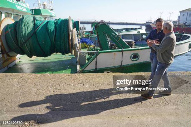 Leader Santiago Abascal and VOX candidate in A Coruña, Manuel Fuentes , visit the port of Ribeira, on February 3 in Ribeira, A Coruña, Galicia,...