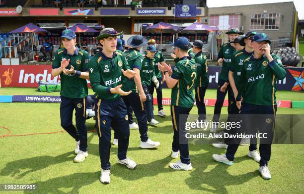 Players of Ireland take to the field during the ICC U19 Men's Cricket World Cup South Africa 2024 Super Six match between New Zealand and Ireland at...