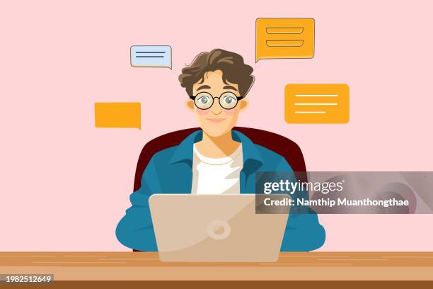 ai chatbot illustration concept shows a man chatting with the ai chatbot that is the application online chatting like talking with the human, he sitting in front of the laptop on the wood desk and typing. - laptop flat stock pictures, royalty-free photos & images