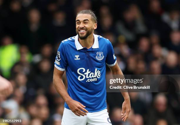 Dominic Calvert-Lewin of Everton celebrates scoring his team's first goal during the Premier League match between Everton FC and Tottenham Hotspur at...