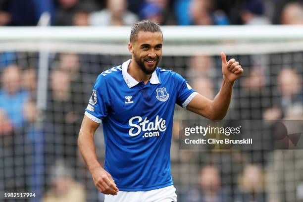 Dominic Calvert-Lewin of Everton celebrates scoring his team's first goal during the Premier League match between Everton FC and Tottenham Hotspur at...