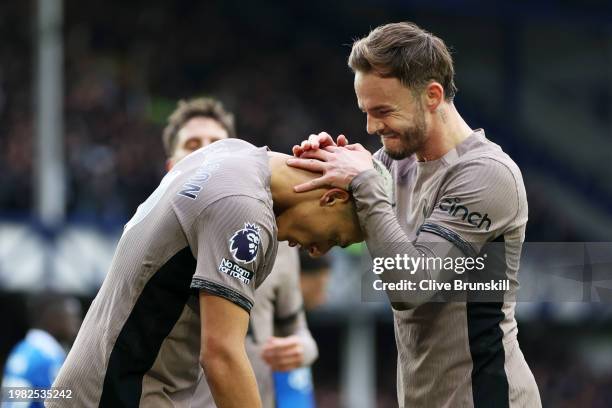 Richarlison of Tottenham Hotspur celebrates scoring his team's second goal with teammate James Maddison of Tottenham Hotspur during the Premier...