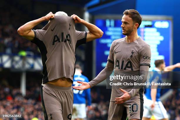 Richarlison of Tottenham Hotspur celebrates scoring his side's second goal during the Premier League match between Everton FC and Tottenham Hotspur...