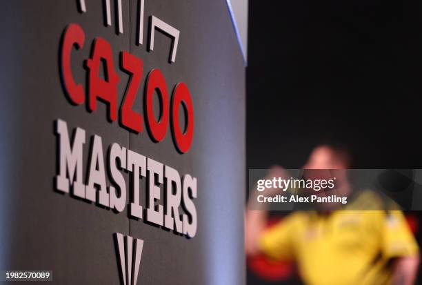 View of branding as Dave Chisnall throws in his match against Danny Noppert at Marshall Arena on February 03, 2024 in Milton Keynes, England.