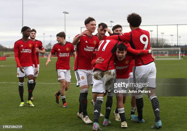 Ethan Williams of Manchester United U18s celebrates scoring their third goal during the U18 Premier League match between Manchester United U18s and...