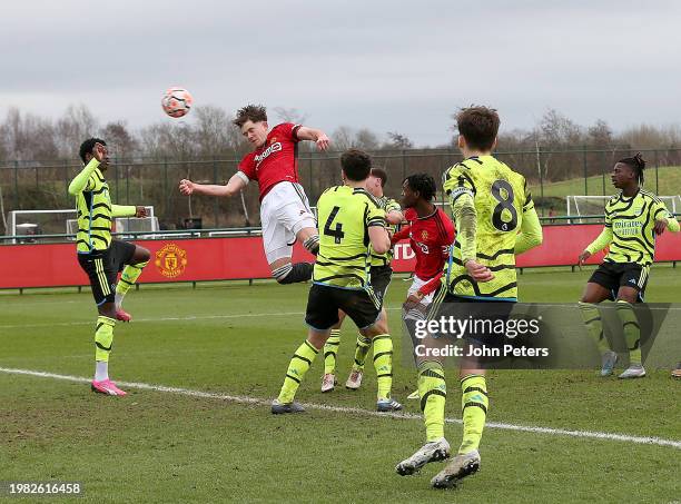 Louis Jackson of Manchester United U18s scores their fourth goal during the U18 Premier League match between Manchester United U18s and Arsenal U18s...