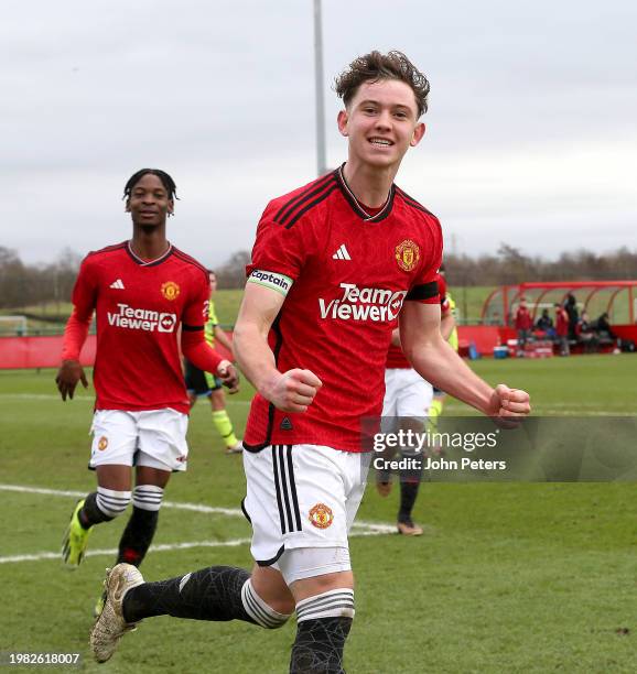 Louis Jackson of Manchester United U18s celebrates scoring their fourth goal during the U18 Premier League match between Manchester United U18s and...