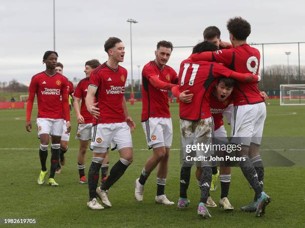 Ethan Williams of Manchester United U18s celebrates scoring their third goal during the U18 Premier League match between Manchester United U18s and...