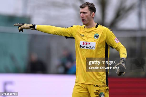 Philipp Klewin of VfB Lübeck reacts during the 3. Liga match between VfB Lübeck and SSV Ulm 1846 at Stadion an der Lohmuehle on February 03, 2024 in...