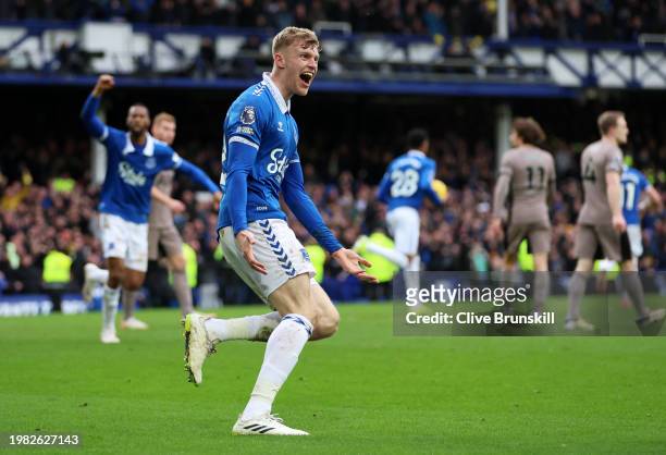 Jarrad Branthwaite of Everton celebrates scoring his team's second goal during the Premier League match between Everton FC and Tottenham Hotspur at...
