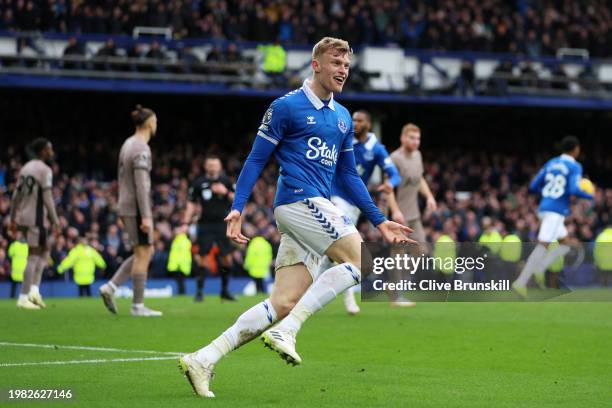 Jarrad Branthwaite of Everton celebrates scoring his team's second goal during the Premier League match between Everton FC and Tottenham Hotspur at...