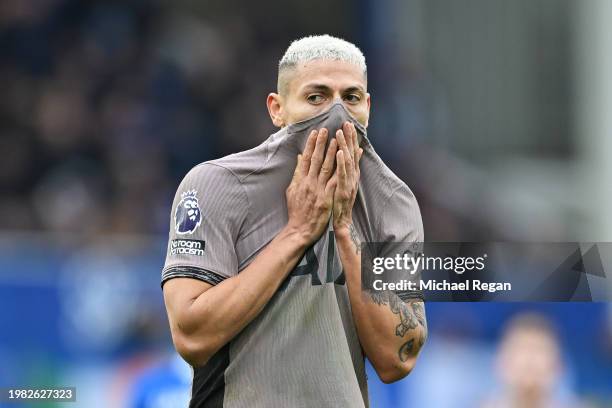 Richarlison of Tottenham Hotspur reacts during the Premier League match between Everton FC and Tottenham Hotspur at Goodison Park on February 03,...