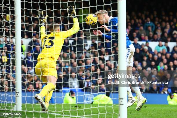 Jarrad Branthwaite of Everton scores his side's second goal during the Premier League match between Everton FC and Tottenham Hotspur at Goodison Park...