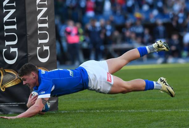 Alessandro Garbisi of Italy scoring a try during the Guinness Six Nations 2024 match between Italy and England at Stadio Olimpico on February 03,...