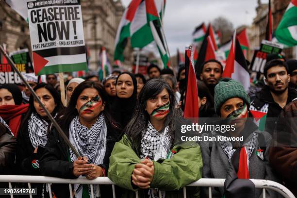 Protestors gather near parliament during the 'Ceasefire Now Stop The Genocide In Gaza' national UK demonstration on February 3, 2024 in London,...