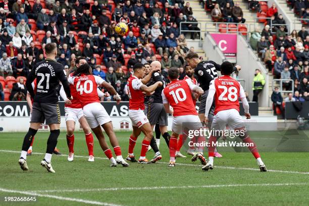 Jan Bednarek of Southampton scores with his head to put is team 1-0 up during the Sky Bet Championship match between Rotherham United and Southampton...