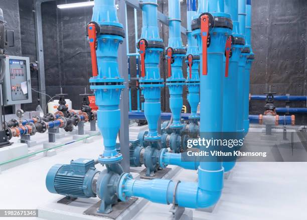 motor pump room and water pipe system for industrial - water pumping station stock pictures, royalty-free photos & images