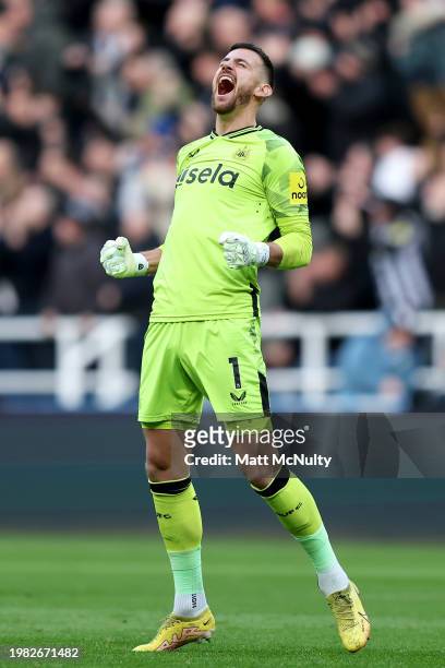 Martin Dubravka of Newcastle United celebrates after teammate Sean Longstaff scores his team's first goal during the Premier League match between...