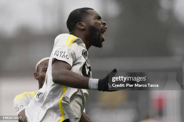 Aka Wilfried Kanga of Standard Liegi celebrates his first goal during the Jupiler Pro League match between RWDM Brussels FC and Standard de Liege at...